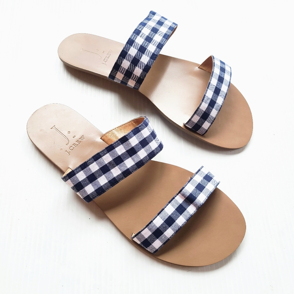 J CREW Boardwalk navy blue gingham plaid slide sandals size 9 - Picture 2 of 9